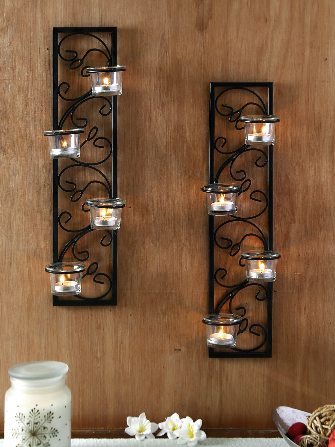 Hosley Set of 2 Decorative Wall Sconce/Candle Holder With Clear Glass and Free T-light Candles  (Black Matte)