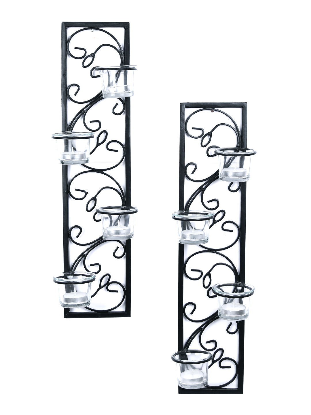 Hosley Set of 2 Decorative Wall Sconce/Candle Holder With Clear Glass and Free T-light Candles  (Black Matte)