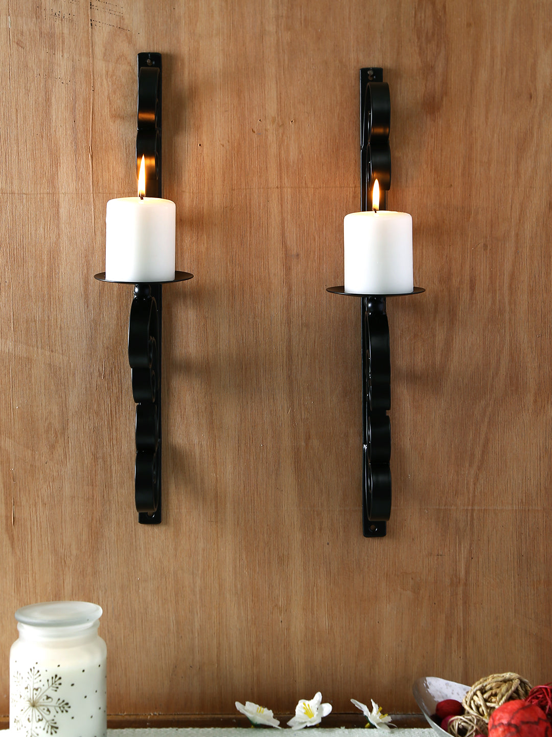 Hosley Set of 2 Decorative Wall Sconce/Candle Holder with Free Candles  (Black Matte)