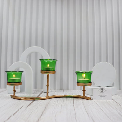 Hosley Iron Tabletop TeaLight Candle Holder with 3 Green Glass Cup and Tealights