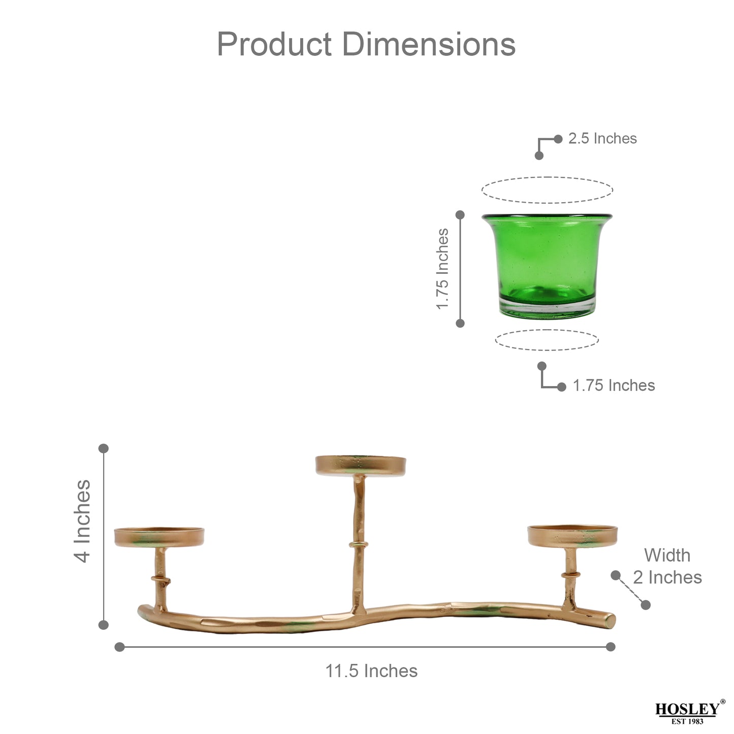 Hosley Iron Tabletop TeaLight Candle Holder with 3 Green Glass Cup and Tealights