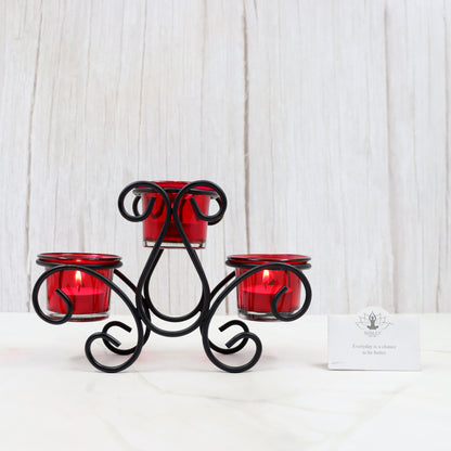 Hosley Tealight Candle Holder Metal Table Top Candle Holder with Red Glasses and Tealight