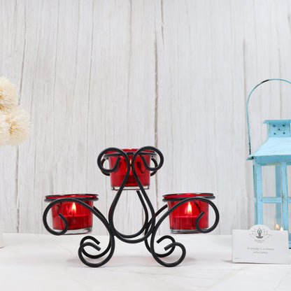 Hosley Tealight Candle Holder Metal Table Top Candle Holder with Red Glasses and Tealight