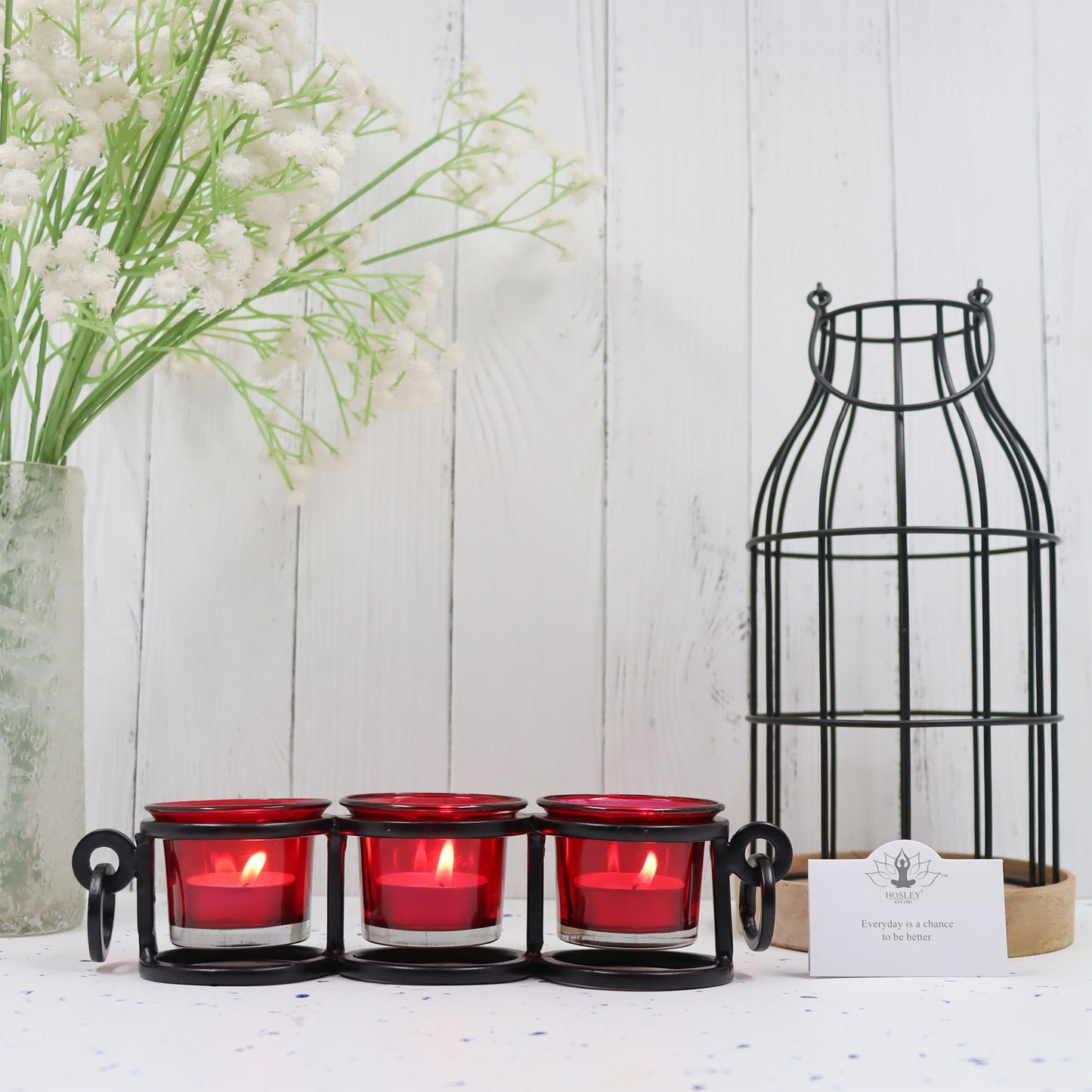 Hosley Metal Tealight Candle Holder with Beautiful Red Glasses