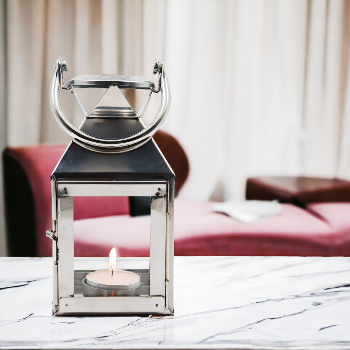 Hosley 6.5 Inch high Decorative Stainless Steel Lantern with Pillar Candle Lantern - Silver, Pack of 1