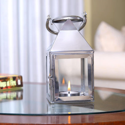 Hosley 6.5 Inch high Decorative Stainless Steel Lantern with Pillar Candle Lantern - Silver, Pack of 1