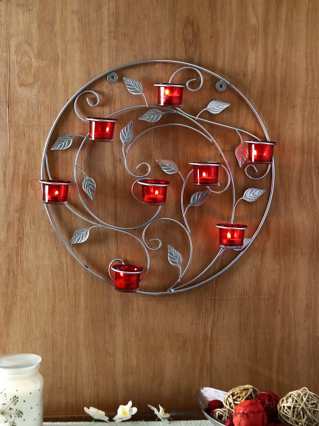Hosley Metallic Silver Wall Sconce with Red and Clear Glasses