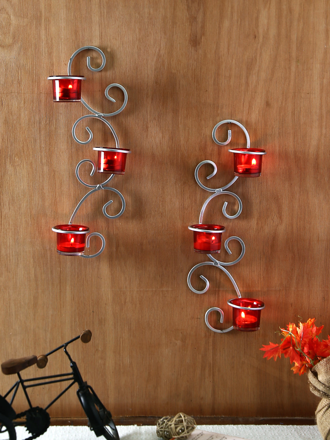 Hosley Set of 2 Metallic Silver Wall Sconce with Red and Clear Glasses