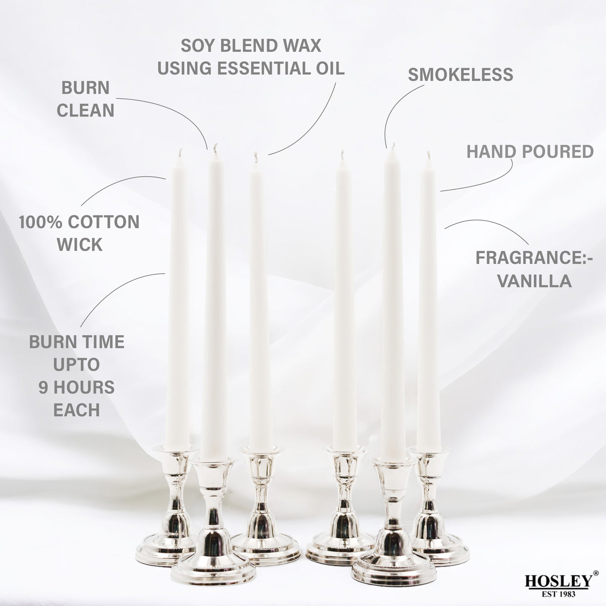 Hosley Vanilla Fragranced White Taper Candles – Pack of 6, 25.4cm