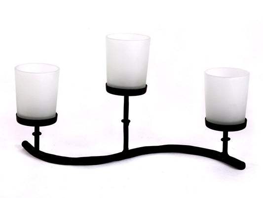 Hosley® 29cm Long 3 Frosted Glass Cup, Decorative Metal Tealight Holder with Bonus 6pcs Tealight Candles
