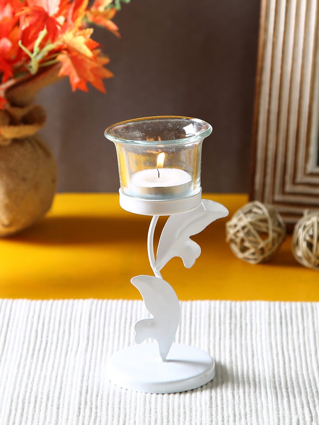 Hosley White Leaves Decorative Tealight Holder