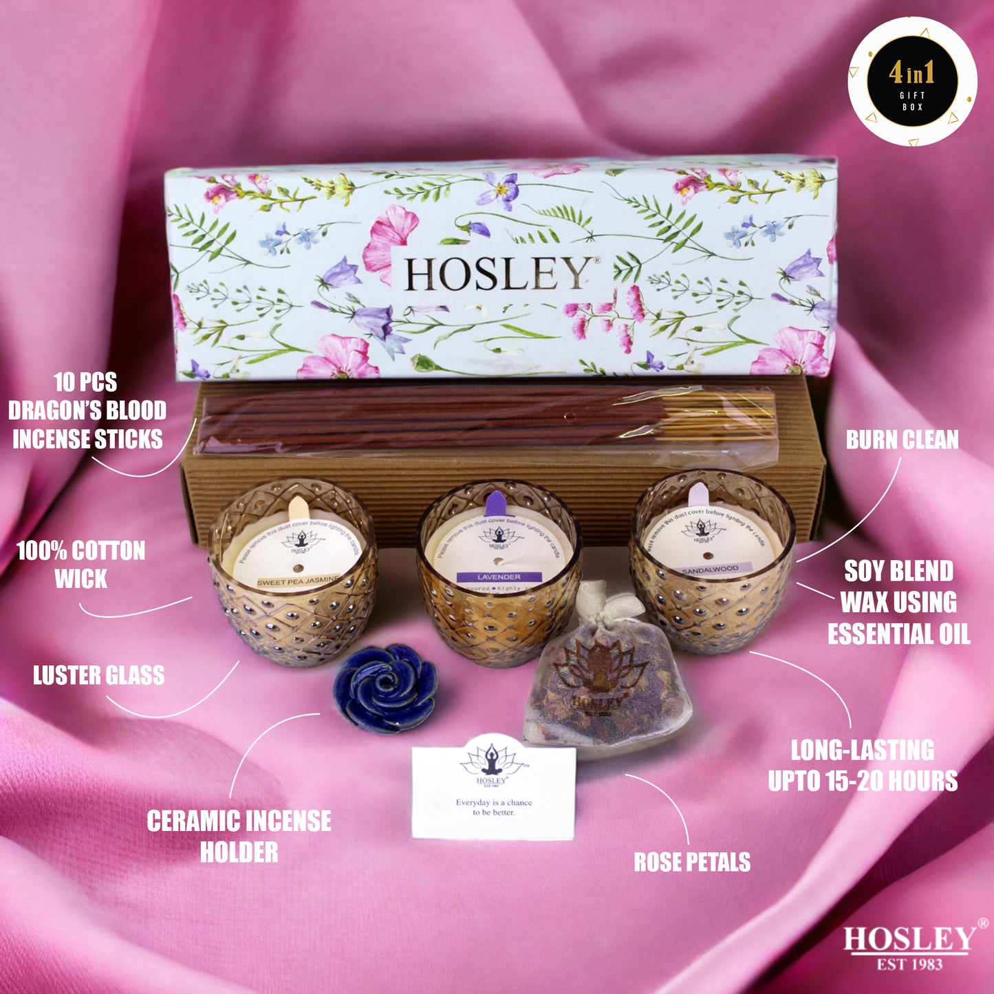 Hosley® 4 In 1 Gift Box - Scented Gold Glass Candles with Ceramic Incense Stick Holder, Rose Petals and Dragon Blood Incense Sticks