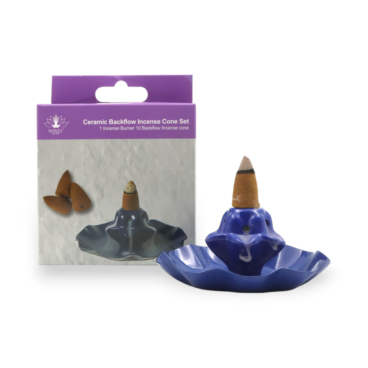 HOSLEY Smoke Backflow Cone Holder with 10 Incense Cones, Blue