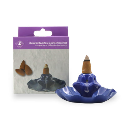 HOSLEY Smoke Backflow Cone Holder with 10 Incense Cones, Blue