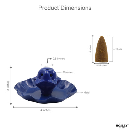 HOSLEY Smoke Backflow Cone Holder with 10 Incense Cones, Blue