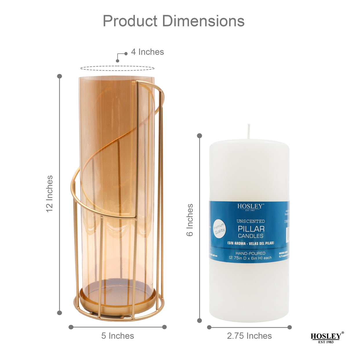 HOSLEY Metal Glass Pillar Candle Holder, Gold, 12 Inch