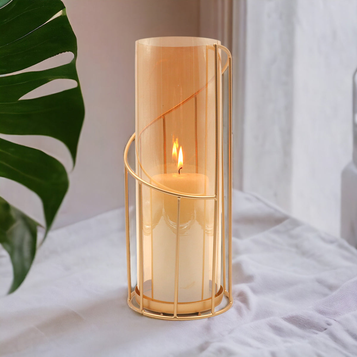 HOSLEY Metal Glass Pillar Candle Holder, Gold, 12 Inch