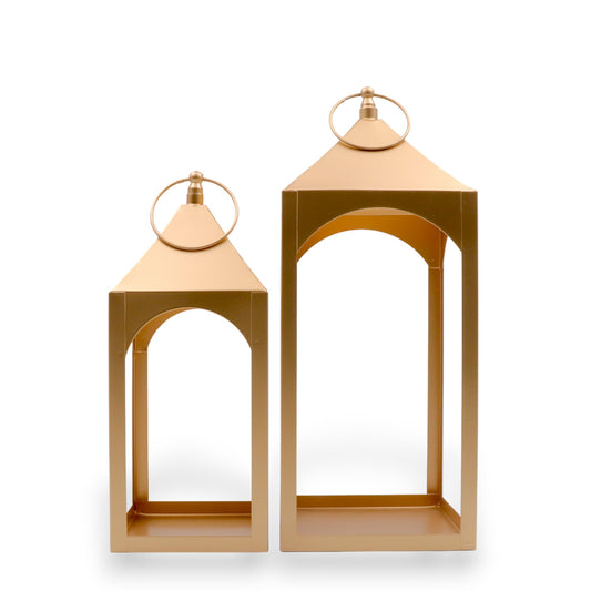 HOSLEY Classic Style Iron Lanterns with Free Pillar Candles, Pack of 2, Gold
