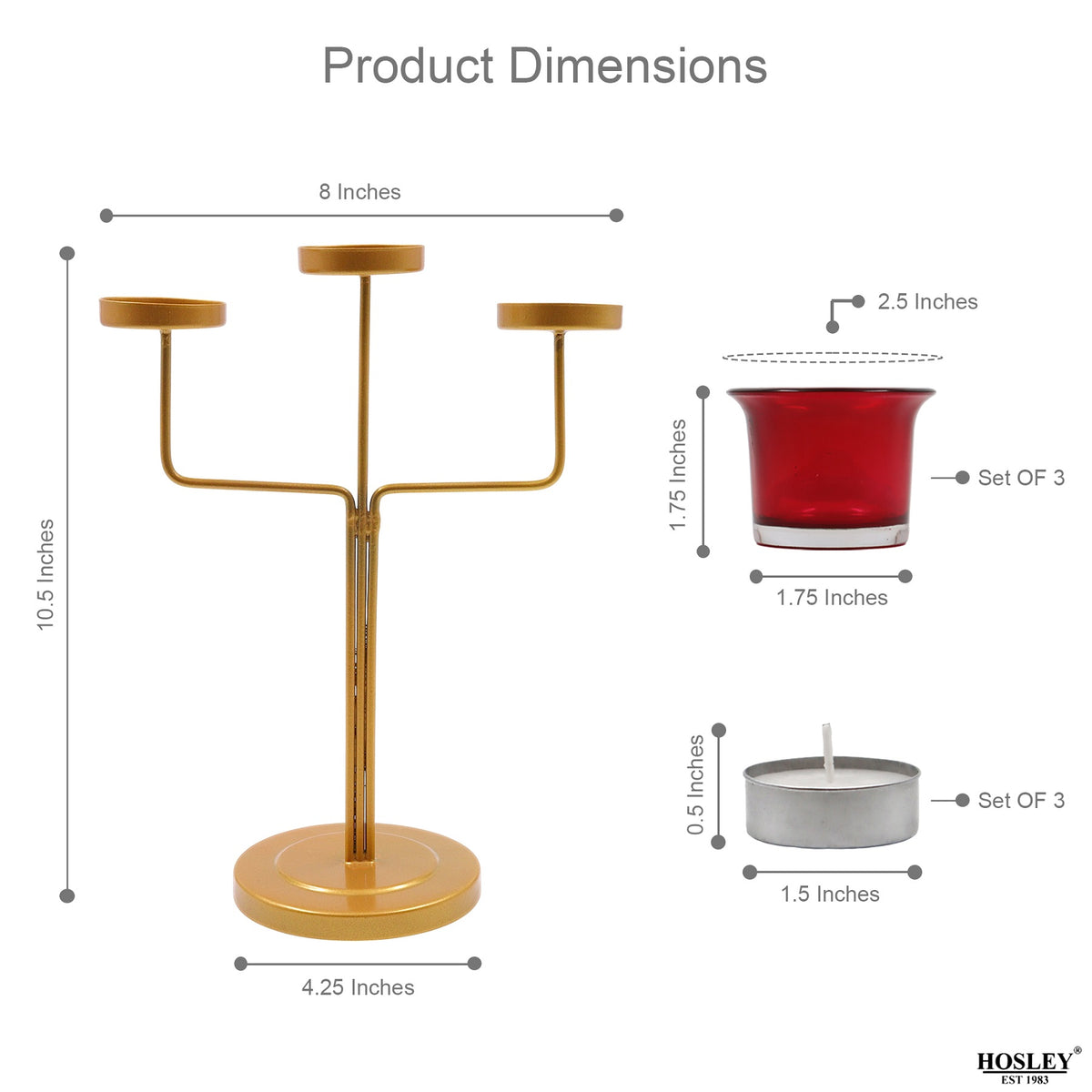 Hosley® Red Glass Tealight Candle Holders|Gold Tealight Candle Holders with Glass Holders Perfect for Home Decor, Birthday, Wedding, Parties,Tabletop,Centerpiece| 3-Cup Centrepiece, with Pack of 3 Tealights