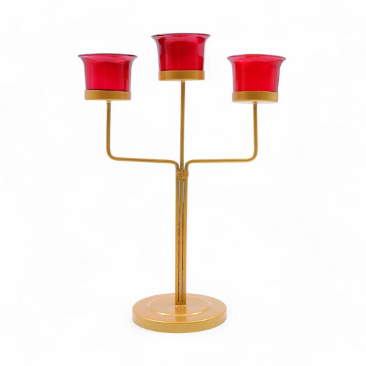 Hosley® Red Glass Tealight Candle Holders|Gold Tealight Candle Holders with Glass Holders Perfect for Home Decor, Birthday, Wedding, Parties,Tabletop,Centerpiece| 3-Cup Centrepiece, with Pack of 3 Tealights