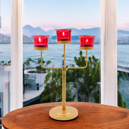 Hosley® Red Glass Tealight Candle Holders|Gold Tealight Candle Holders with Glass Holders Perfect for Home Decor, Birthday, Wedding, Parties,Tabletop,Centerpiece| 3-Cup Centrepiece, with Pack of 3 Tealights