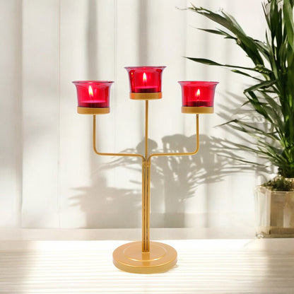 Hosley® Red Glass Tealight Candle Holders|Gold Tealight Candle Holders with Glass Holders Perfect for Home Decor, Birthday, Wedding, Parties,Tabletop,Centerpiece| 3-Cup Centrepiece, with Pack of 3 Tealights