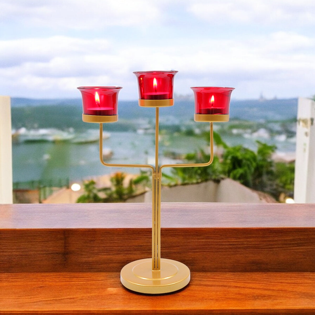 Hosley® Red Glass Tealight Candle Holders|Gold Tealight Candle Holders with Glass Holders Perfect for Home Decor, Birthday, Wedding, Parties,Tabletop,Centerpiece| 3-Cup Centrepiece, with Pack of 3 Tealights