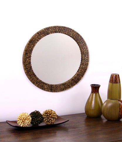 Hosley Decorative Round Log Slices Carved Brown Wooden Wall Mirror