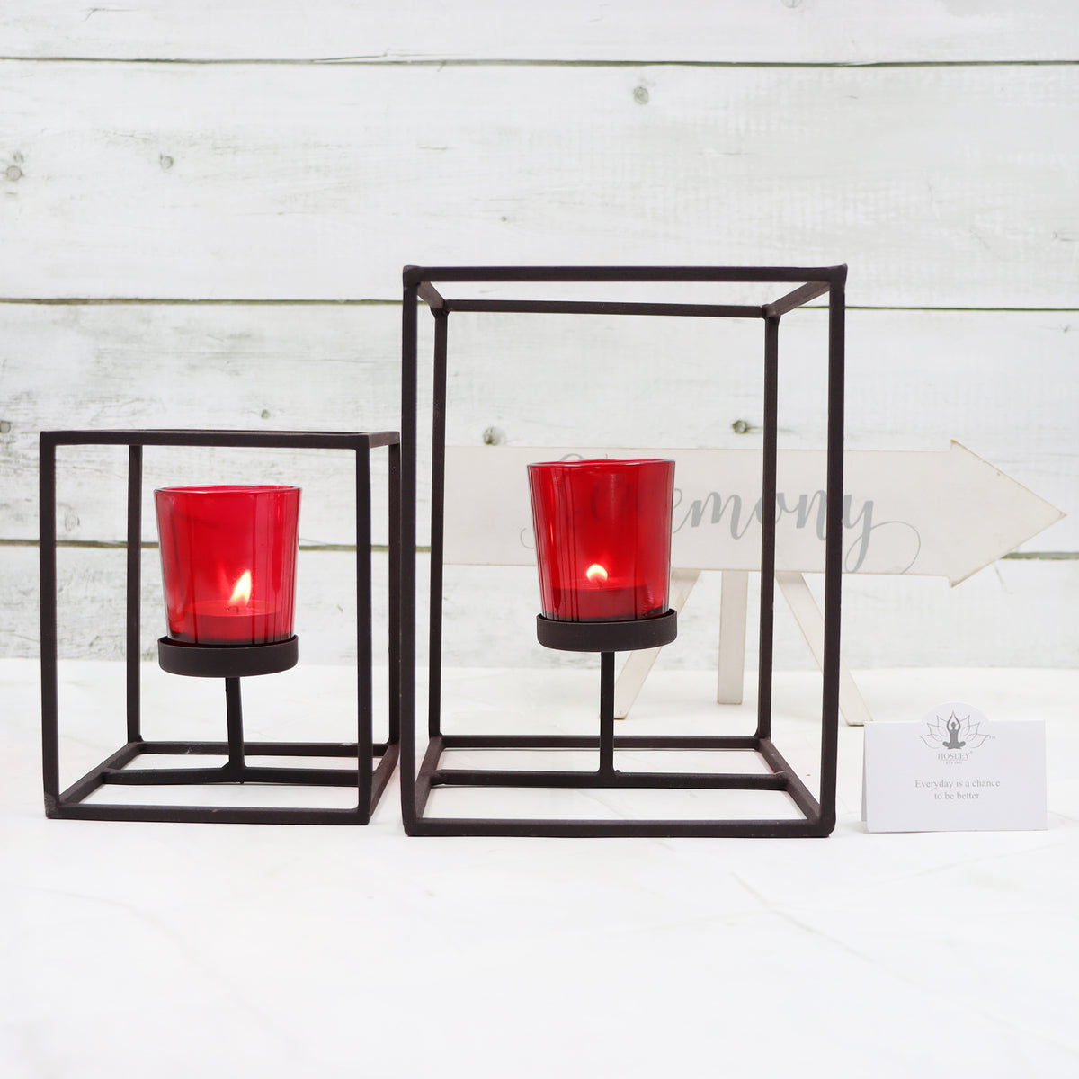 Hosley Pack of 2 Decorative Tealight Holders with Red Glass