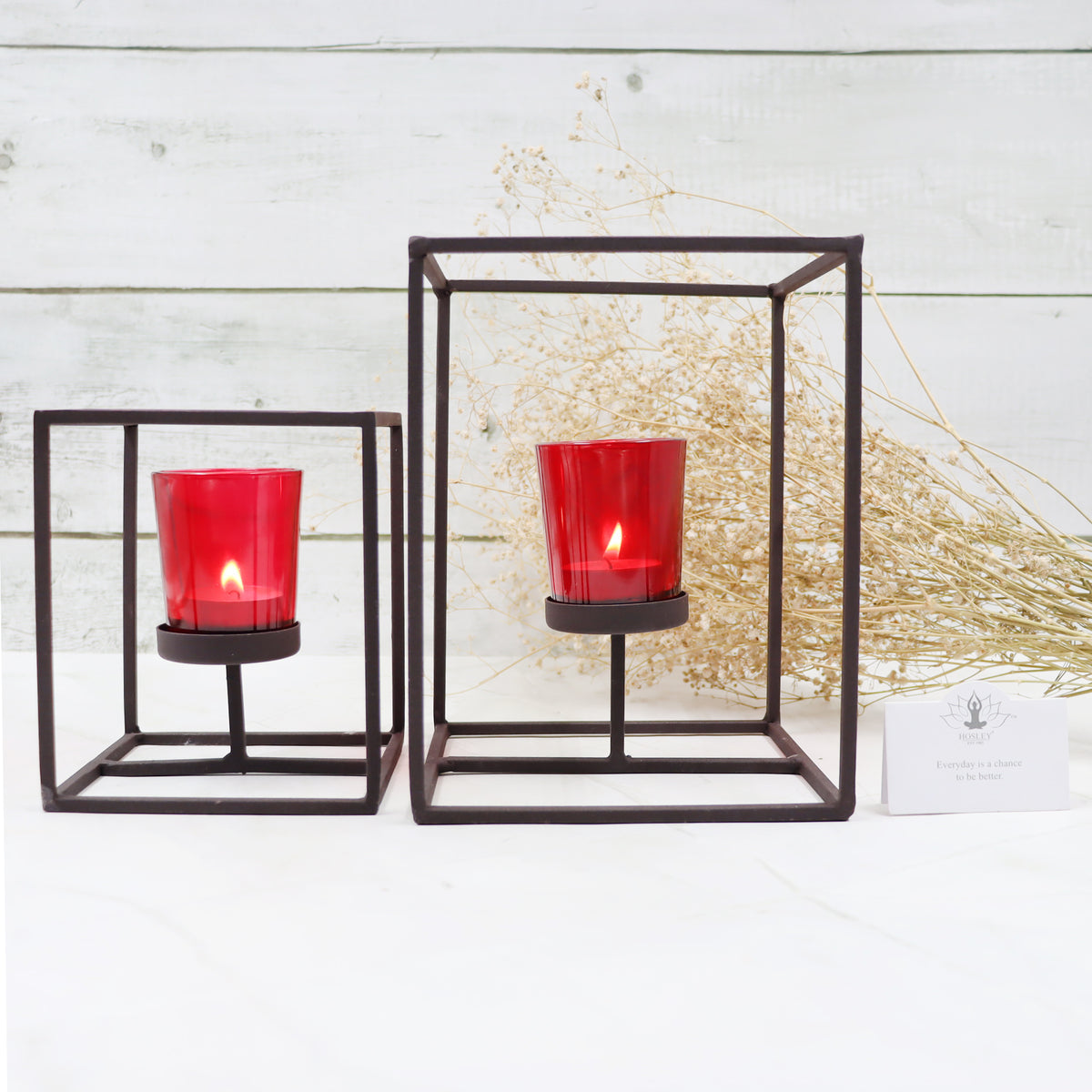 Hosley Pack of 2 Decorative Tealight Holders with Red Glass