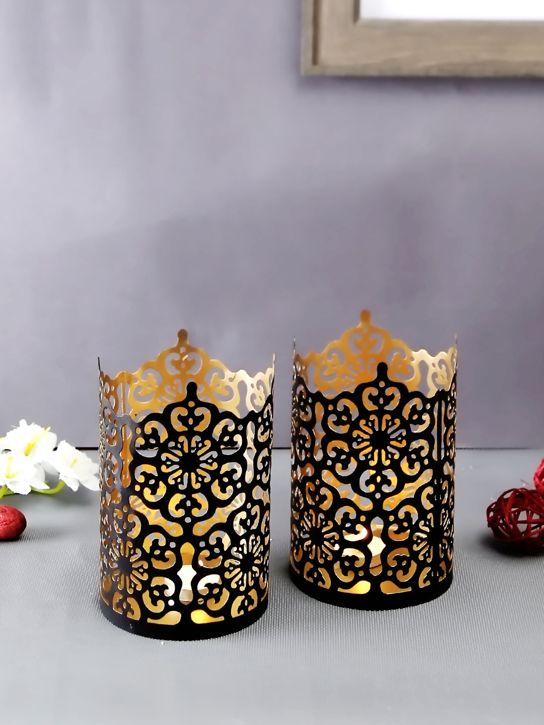 Hosley Set of 2 Black-Gold Metal Sleeve - With Free 6 Unscented Tealights