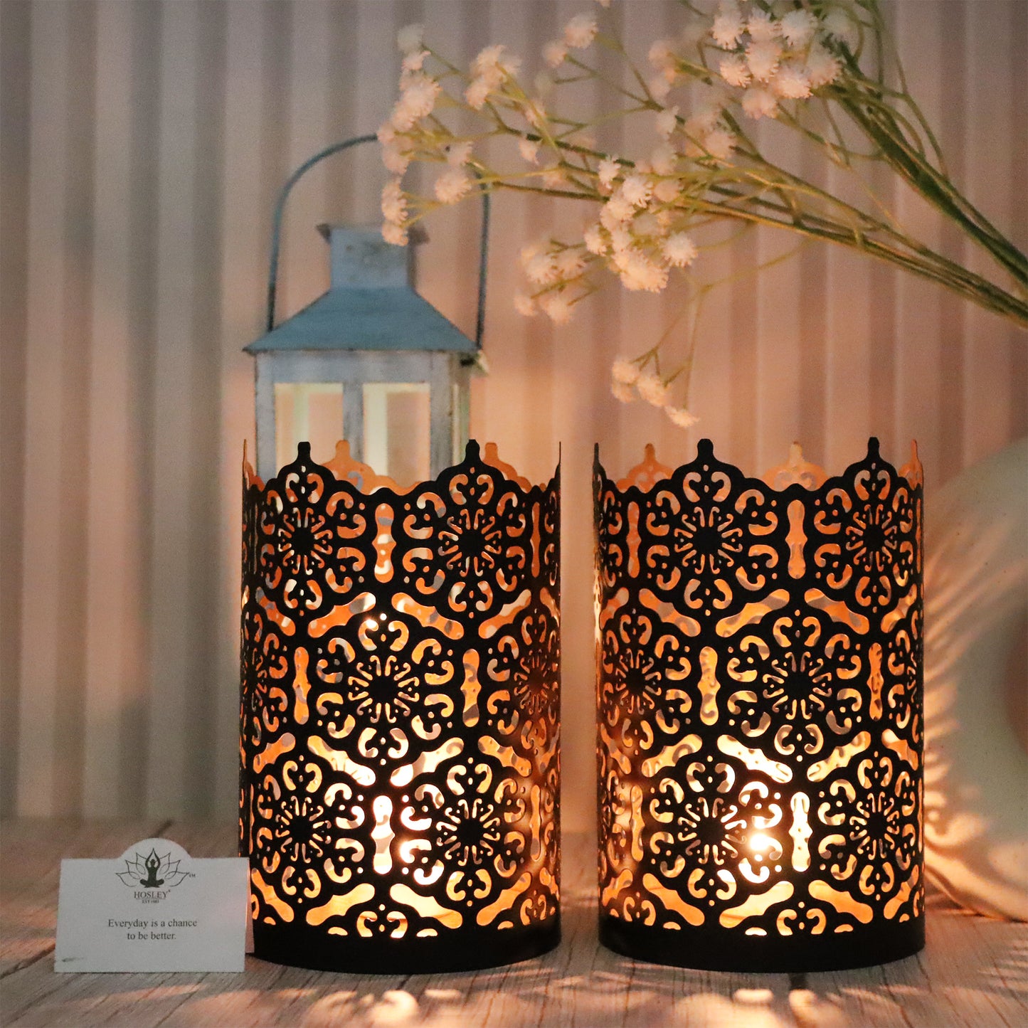 Hosley Set of 2 Black & Gold Metal Sleeve Tealight Candle Holder