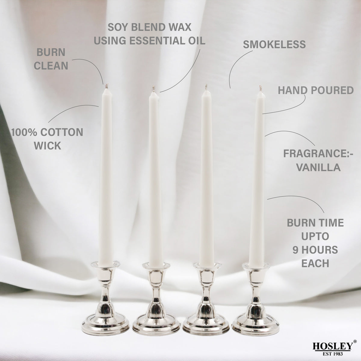 Hosley Vanilla Fragranced White Taper Candles – Pack of 4, 25.4cm