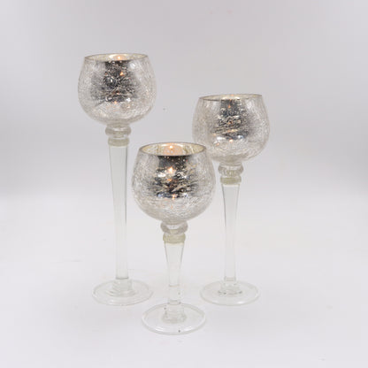 HOSLEY Silver Mercury Crackle Glass Tealight Candle Holders for Gifting, Wedding Home Decor