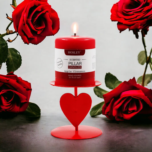 Hosley Heart Shape Iron Pillar Candle Holder with Apple Cinnamon Fragrance Pillar Candle (Red)