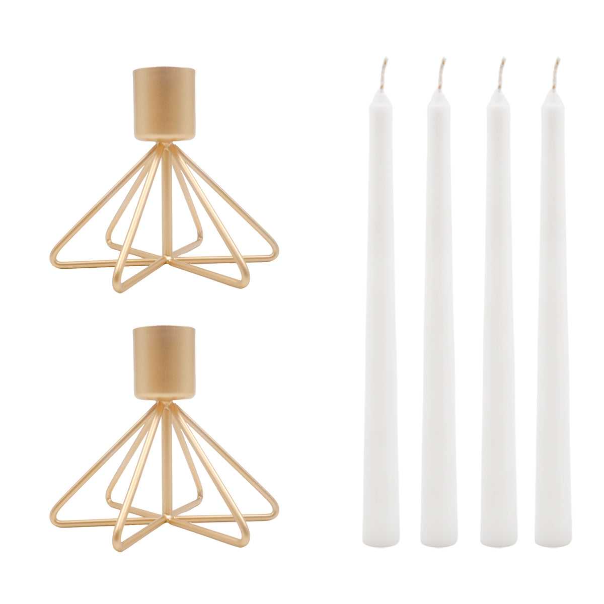 HOSLEY Metal Taper Candle Holders with 4 Taper Candles, Pack of 2, Gold