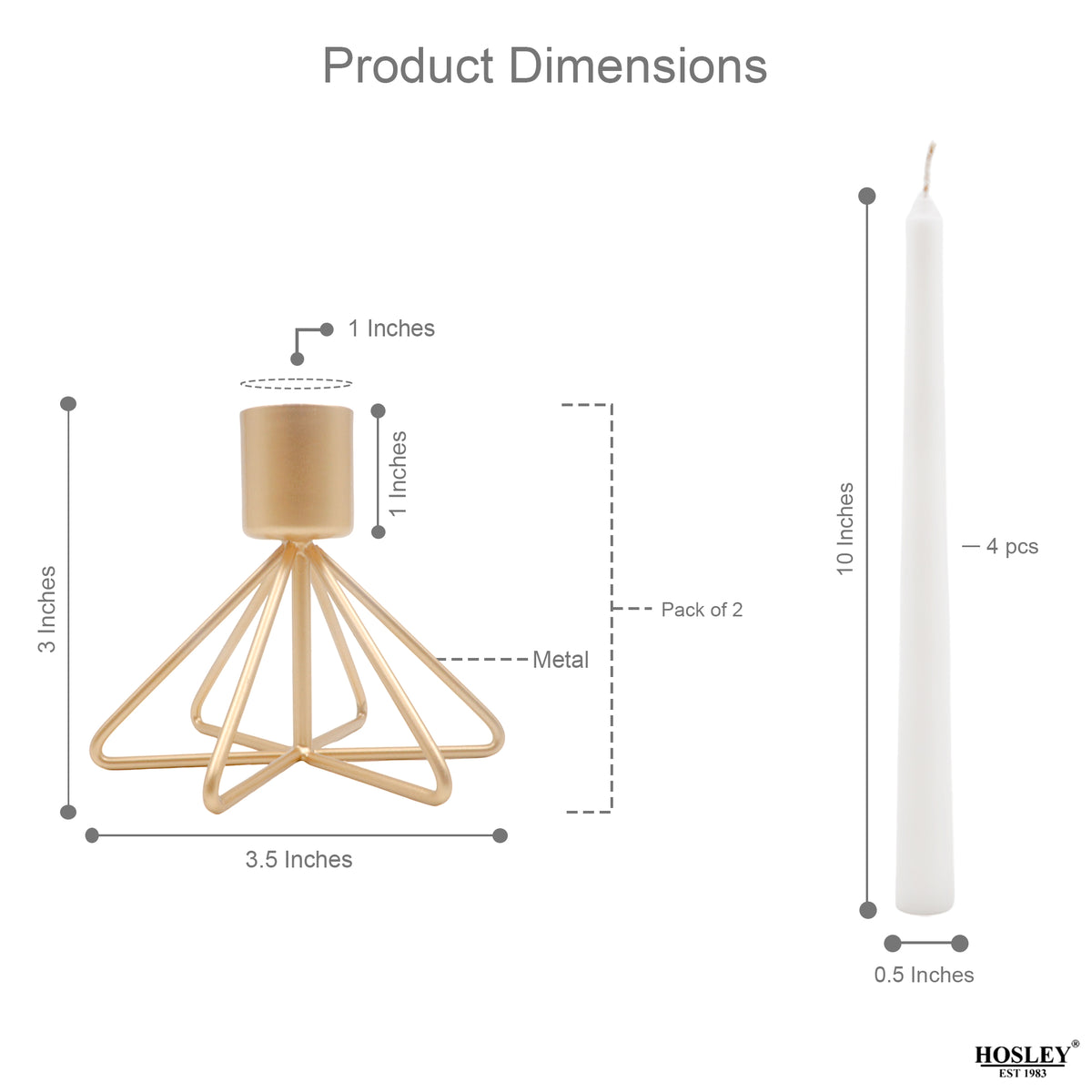 HOSLEY Metal Taper Candle Holders with 4 Taper Candles, Pack of 2, Gold