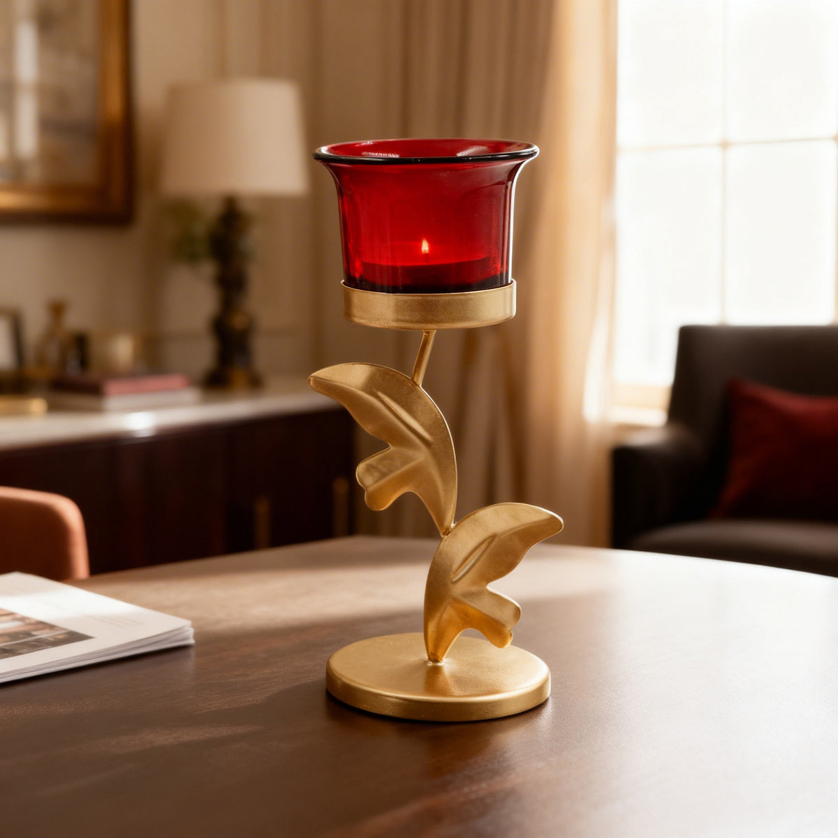 HOSLEY Decorative Metal Tealight Candle Holder with Red Glass Cups, Pack of 1