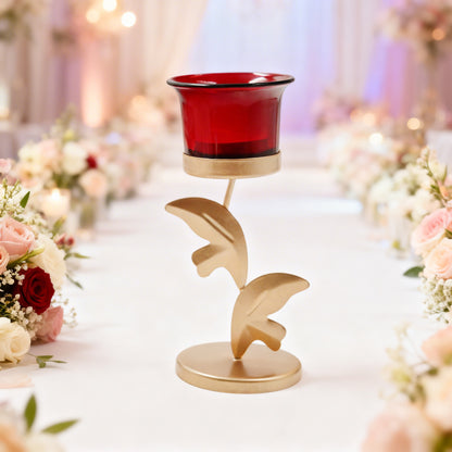 HOSLEY Decorative Metal Tealight Candle Holder with Red Glass Cups, Pack of 1