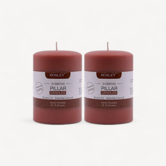 Hosley Set of 2 Rustic Sandalwood 4Inchs Pillar Candles