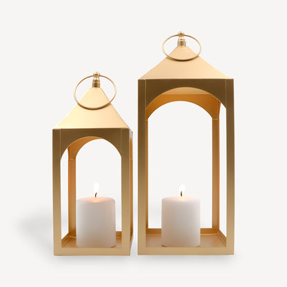 HOSLEY Classic Style Iron Lanterns with Free Pillar Candles, Pack of 2, Gold