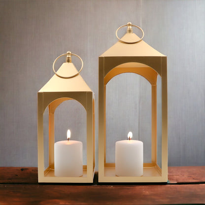 HOSLEY Classic Style Iron Lanterns with Free Pillar Candles, Pack of 2, Gold