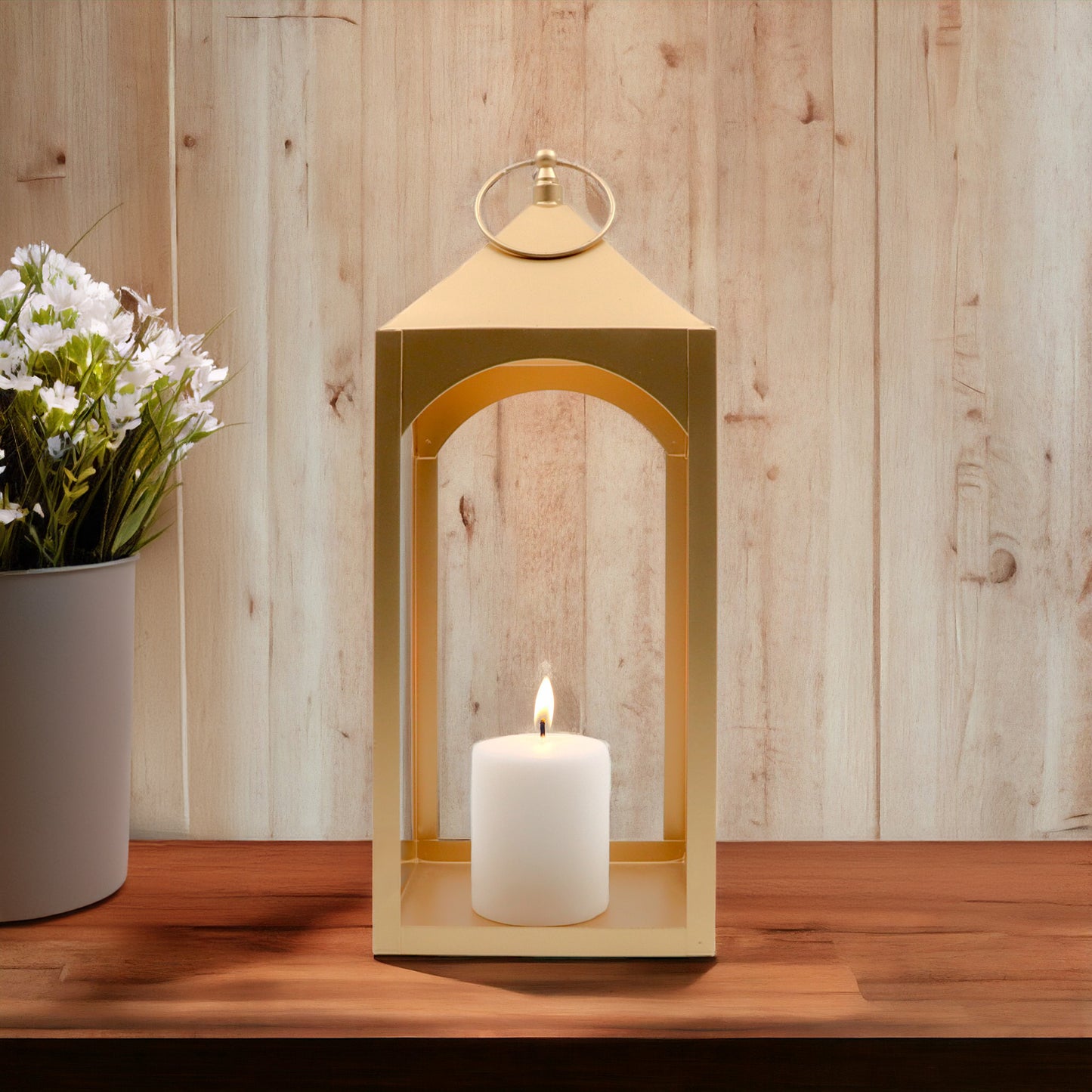 HOSLEY Classic Style Iron Lantern with Pillar Candle, 15.25 Inch, Gold