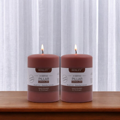 Hosley Set of 2 Rustic Sandalwood 4Inchs Pillar Candles