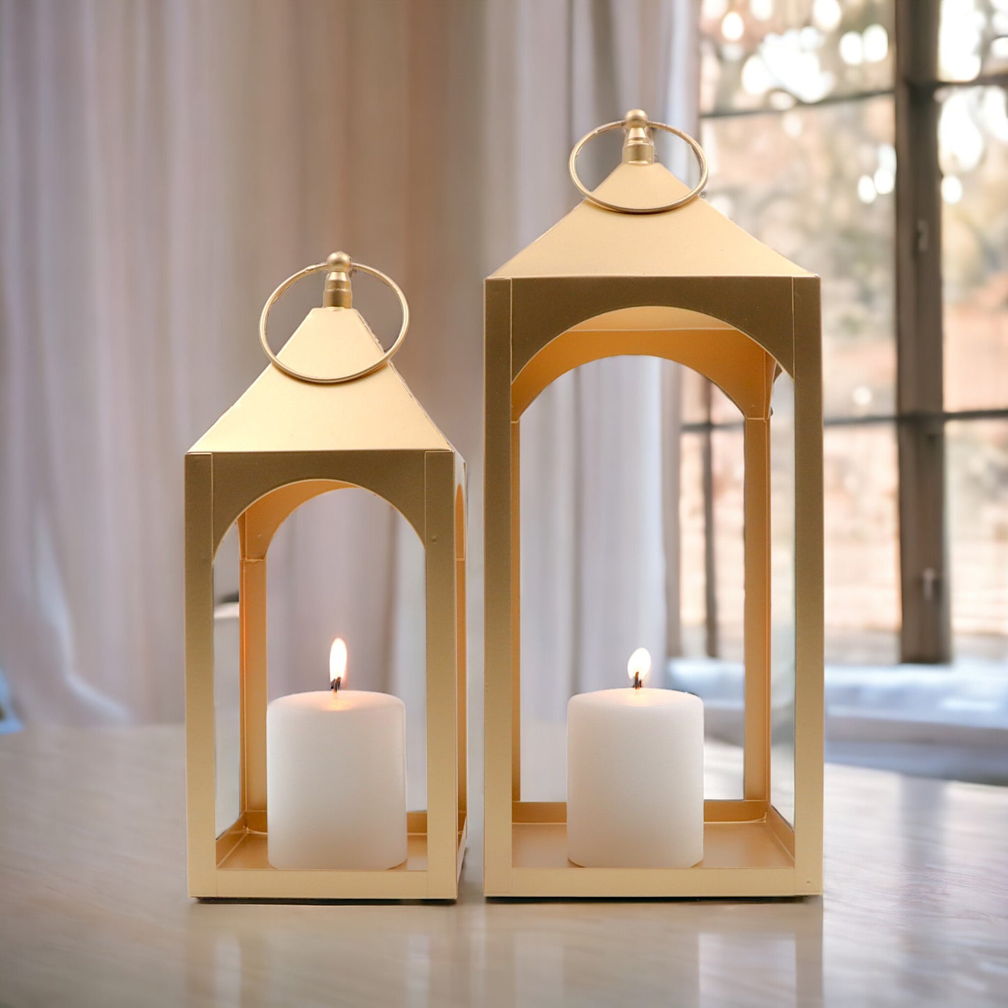 HOSLEY Classic Style Iron Lanterns with Free Pillar Candles, Pack of 2, Gold