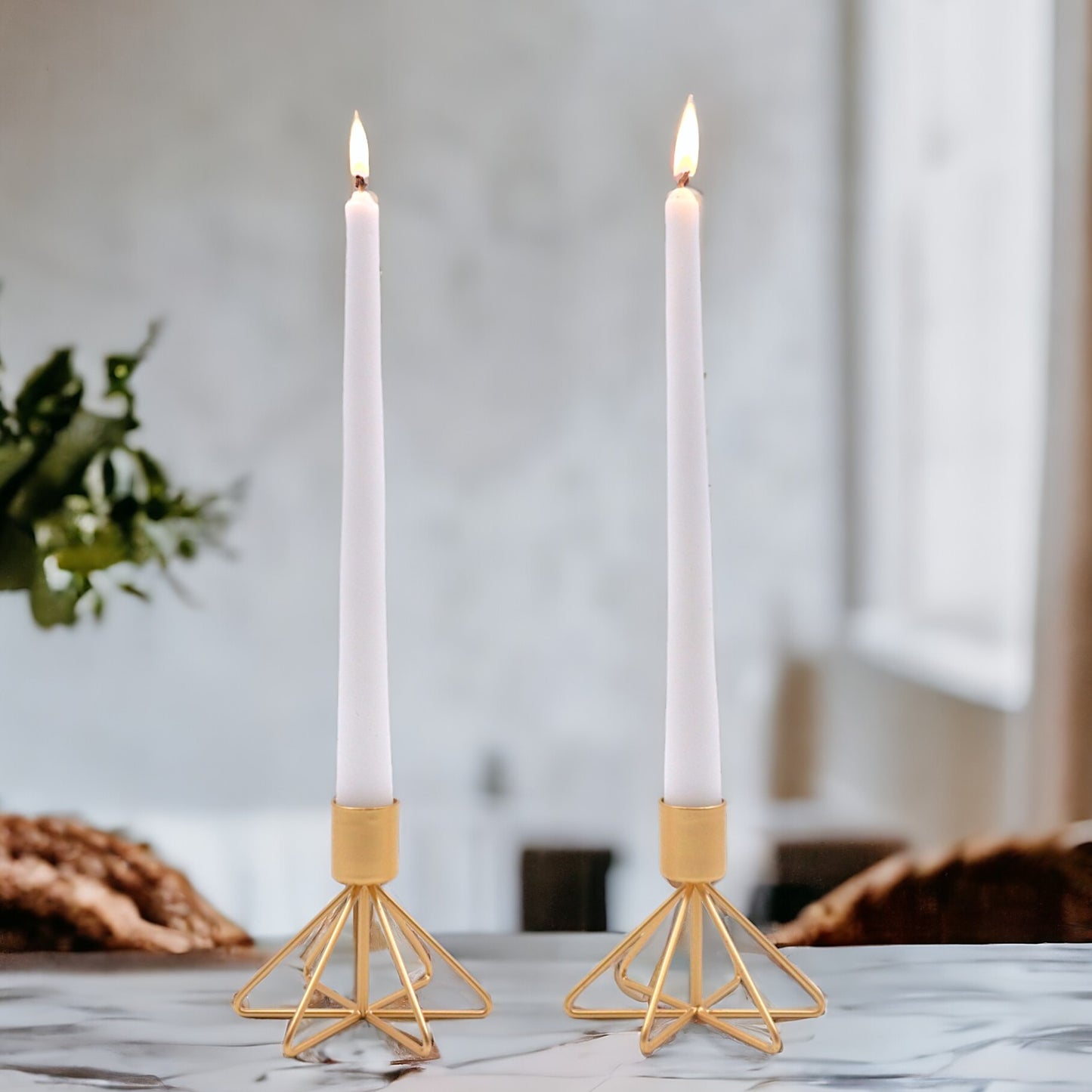 HOSLEY Metal Taper Candle Holders with 4 Taper Candles, Pack of 2, Gold