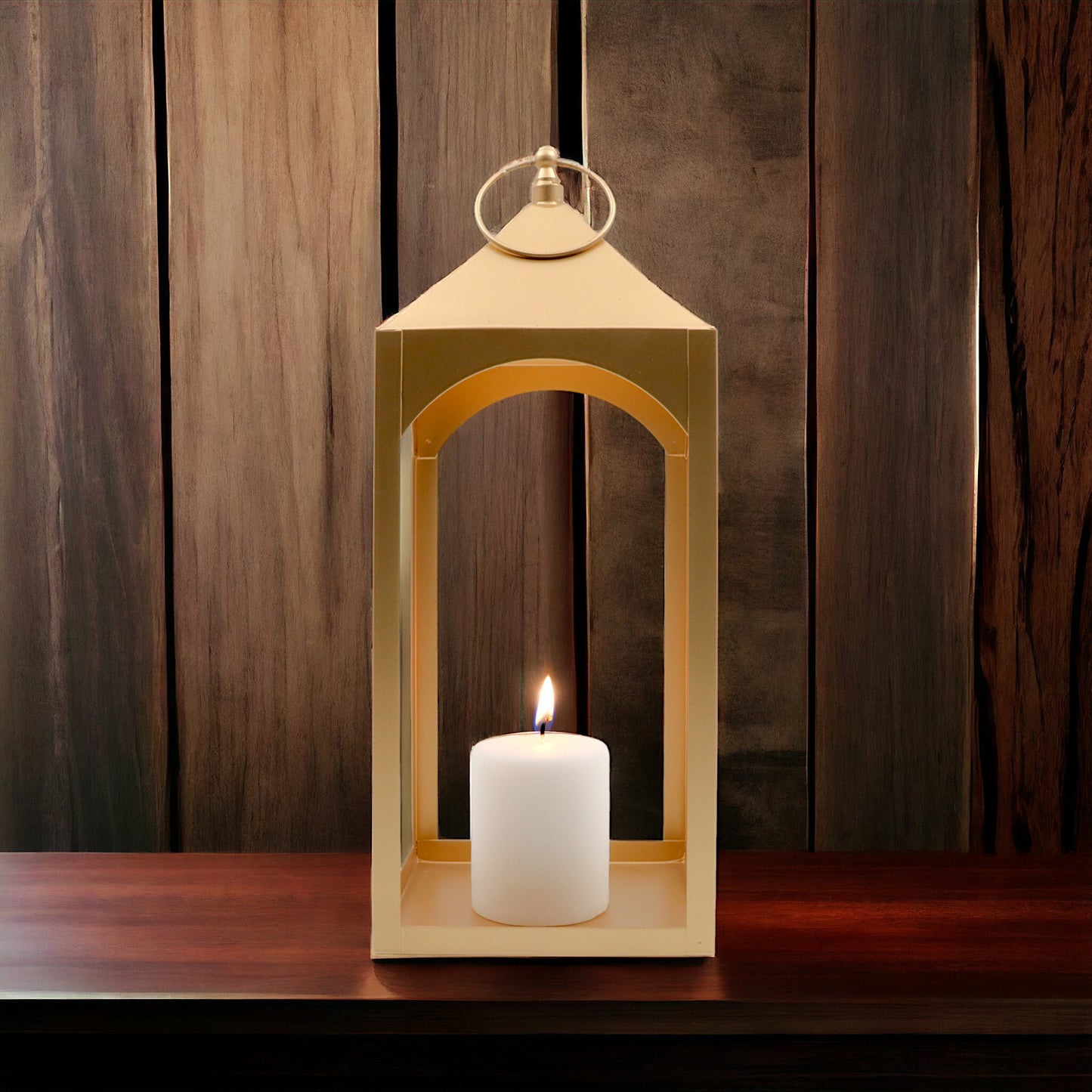 HOSLEY Classic Style Iron Lantern with Pillar Candle, 15.25 Inch, Gold