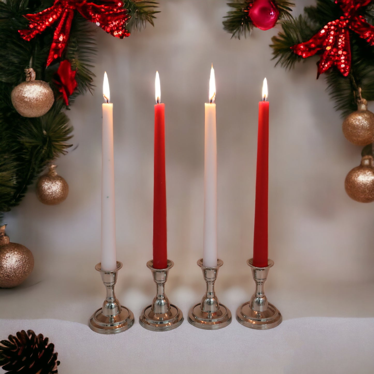 Hosley 4-Piece Unscented White & Red Taper Candles Set - 25CM