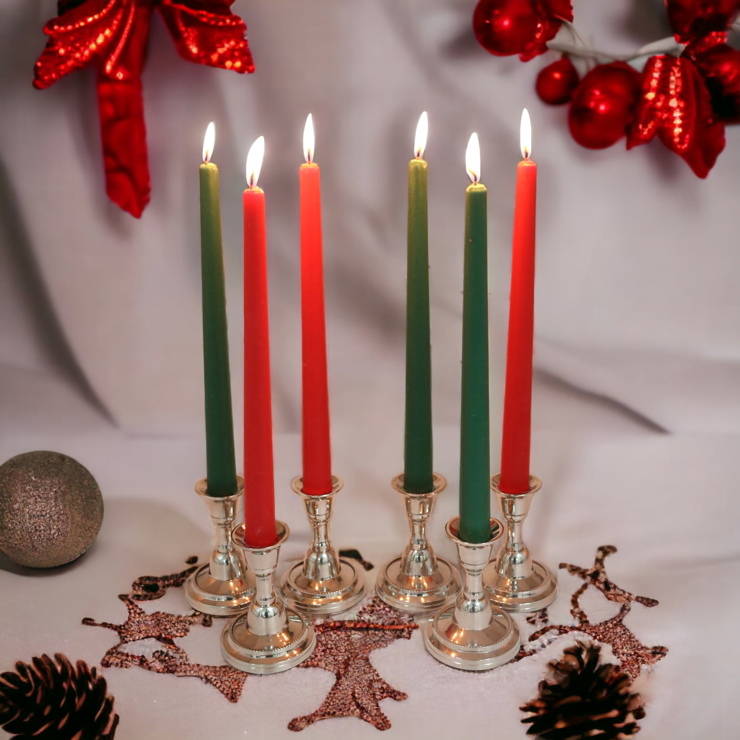 Hosley 6-Piece Unscented Green & Red Taper Candles Set - 25CM