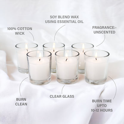 Set of 6 Unscented Clear Glass Filled Votive Candles